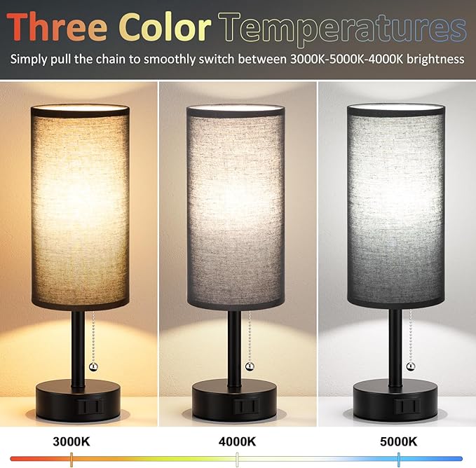 Black Bedside Table Lamps Set of 2-3 Color Temperatures Pull Chain Lamp with AC Outlet Charging Port, Round Night Stand Lamps for Bedroom Office, Small Bed Side Light with E26 LED Bulbs
