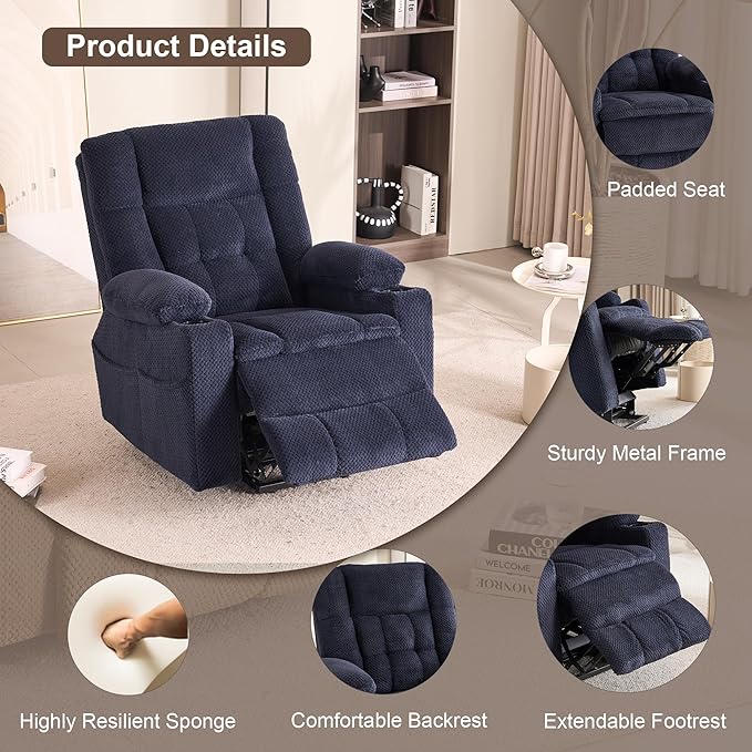 SALOHZA Power Lift Recliner Chair for Elderly with Massage and Heat for Living Room, Electric Recliner Chair for Adults with USB/Type C Port/Cup Holders, Velvet Fabric, Navy Blue