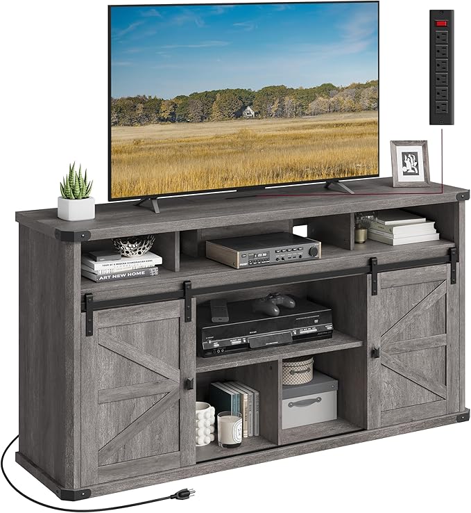 VASAGLE TV Stand for TVs up to 65 Inches, Farmhouse Entertainment Center with Sliding Barn Doors, TV Console Table for Living Room, Misty Gray ULTV322G68