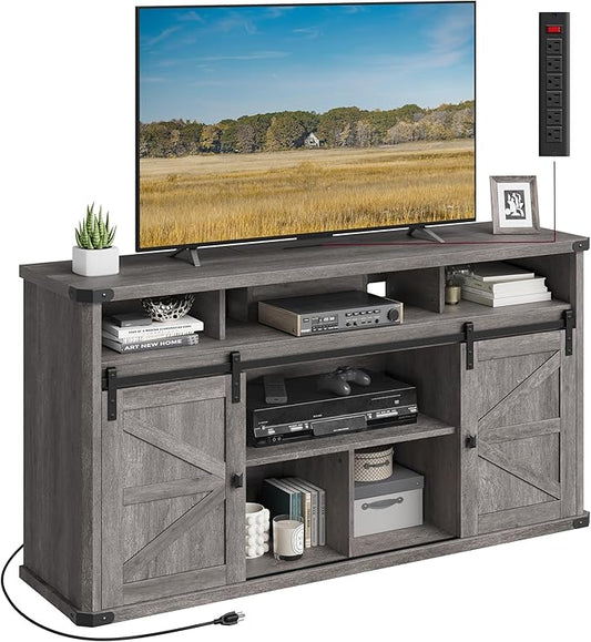 VASAGLE TV Stand for TVs up to 65 Inches, Farmhouse Entertainment Center with Sliding Barn Doors, TV Console Table for Living Room, Misty Gray ULTV322G68