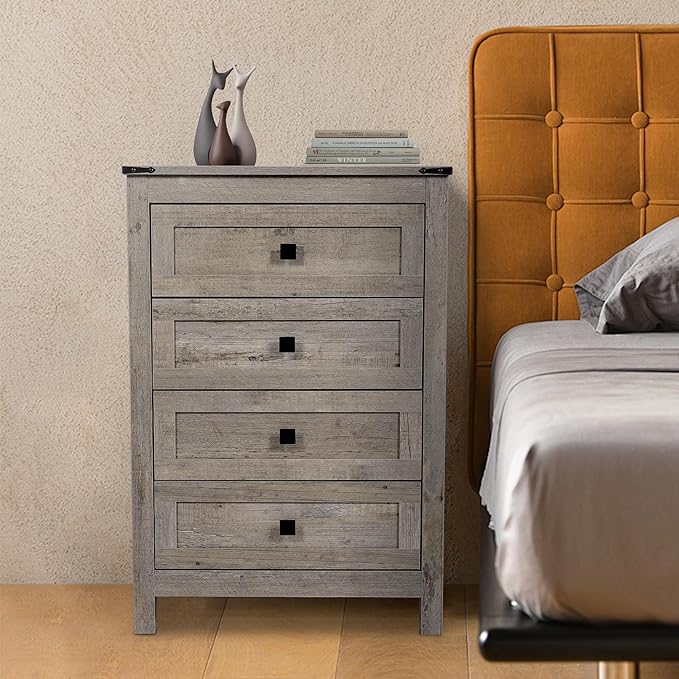 Farmhouse 4 Drawers Dresser, Wood Double Dresser Chest of Drawers Wide Storage Organizer Cabinet for Bedroom, Living Room, Rustic Grey