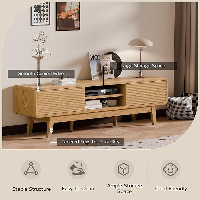 59" TV Stand, Mid Century Modern Television Stand for 43/55/65 inch TV, Low Profile TV Console with Fluted Sliding Doors, Boho Light Wood Credenza for Living Room, Oak