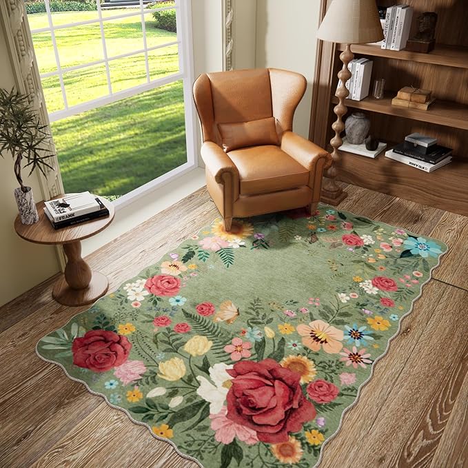 Washable Floral Rugs, 4’x6' Green Area Rugs for Living Room Dining Room, Non Slip Lightweight Low-Pile Stain Resistant Boho Vintage Throw Carpet for ‎Office Entryway