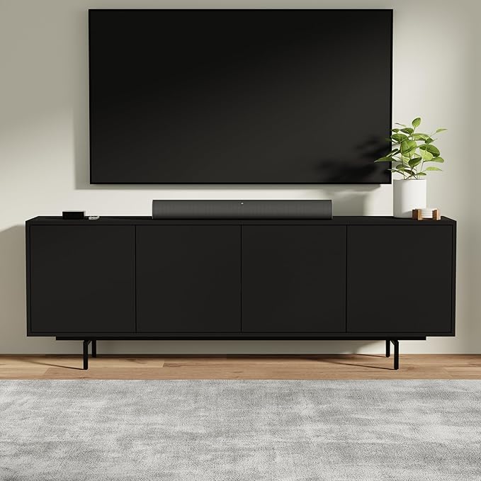 Norrhaus 75" x 26" 4-Door TV Stand in Black - Modern TV Console Made from Quality Engineered Hardwood with Water Resistant Melamine Veneer - No Tools Frame Assembly
