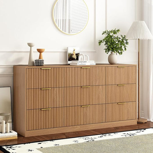 9 Drawer Dresser for Bedroom with Deep Drawers, 63" Wide Wood Dresser, Large Floor Chest of Drawers, Modern Long TV Stand, Mid Century Storage Cabinet Side Table, Natural