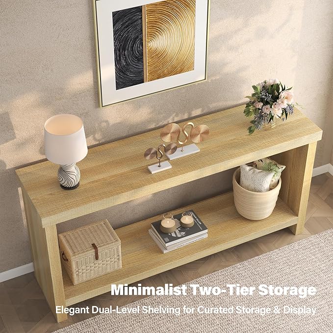 63 Inches Narrow Console Table, 2-Tier Long Sofa Tables Behind Couch Table, Farmhouse Foyer Tables for Entryway, Hallway, Living Room, Oak Natural