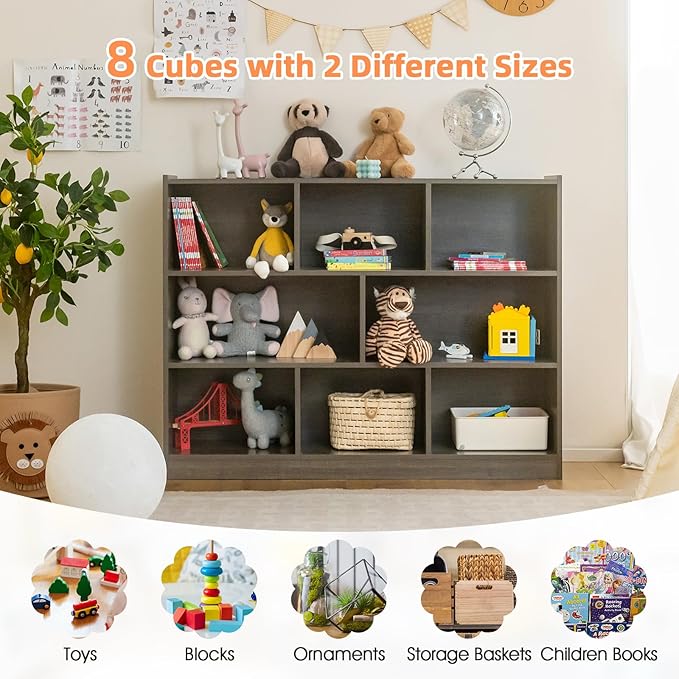 NAFORT 8-Cube Organizer Storage Cabinet, 3-Tier Bookshelf,Low Displaycase, Wooden Bookcase for Bedroom/Preschook/Classroom/Office, Gray