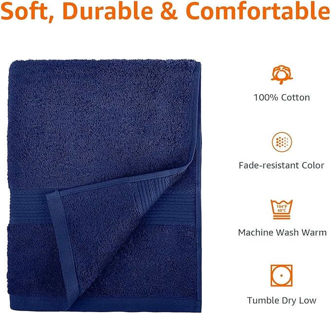 Amazon Basics 6 Piece Oversized Fade resistant Towel set, 100% Cotton towels for bathroom, soft and absorbent, 2 Bath Towels, 2 Hand Towels and 2 Washcloths bathroom towel set, Navy Blue