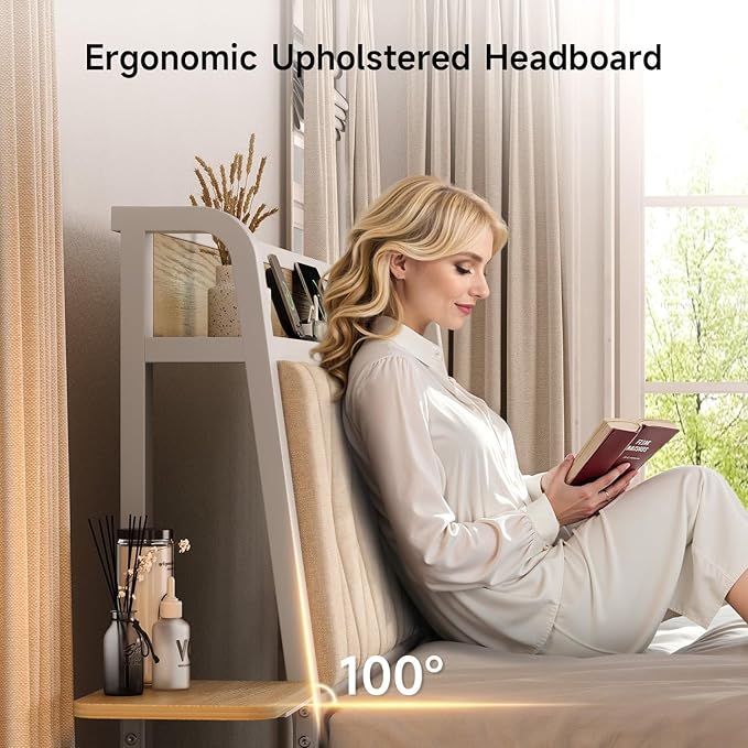 King Size Bed Frame with Side Storage Shelf, Ergonomic Upholstered Headboard with Charging Station, King Platform Bed Frame, Metal Slats Support, No Box Spring Needed, Easy Assembly, White