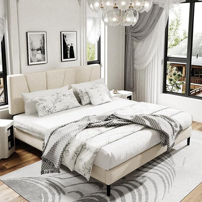 King Size Platform Bed Frame with Upholstered Headboard, Wooden Slats Support, Noise Free, No Box Spring Needed, Easy Assembly, Beige, Velvet
