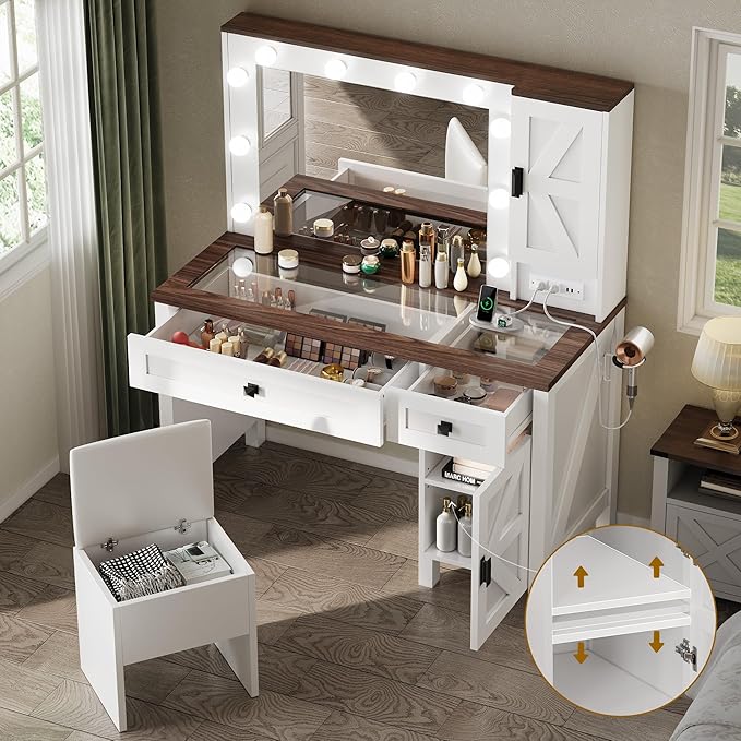 DWVO Farmhouse Vanity Desk with Light and Hollywood Makeup Mirror, Large Storage Space Vanity Set with 2 Drawers & 2 Cabinets, Dressing Table for Bedroom, Stool Included, White