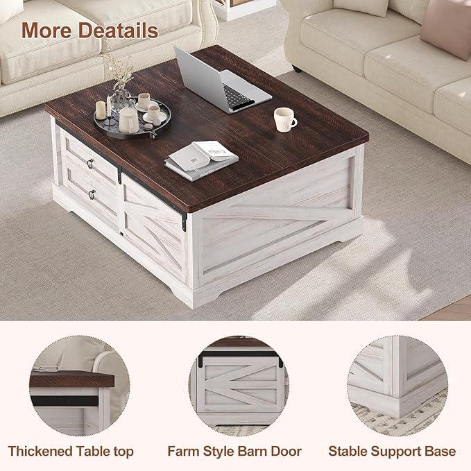 Itaar 39.4'' Lift Top Coffee Table with Storage, Farmhouse Coffee Tables for Living Room, Square Coffee Table with Large Hidden Compartment & 2 Drawers & Adjustable Shelves, White