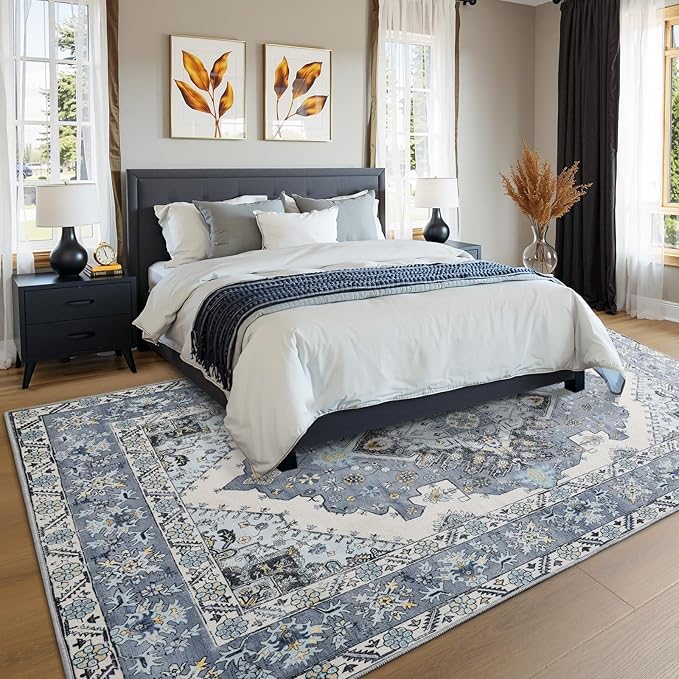 Living Room Rug 6x9 Rug, Machine Washable Area Rug Non Slip Low Pile Rug for Living Room, Bedroom, Farmhouse, Dining Room, Blue