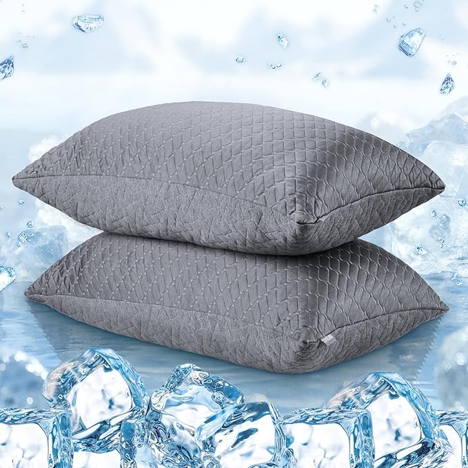 puredown Pillows Queen Size Set of 2, Shredded Memory Foam Pillows, Cooling Foam Pillow for Sleeping, Soft Bed Pillow Queen Size with Adjustable Foam for Side, Back and Stomach Sleepers, Grey