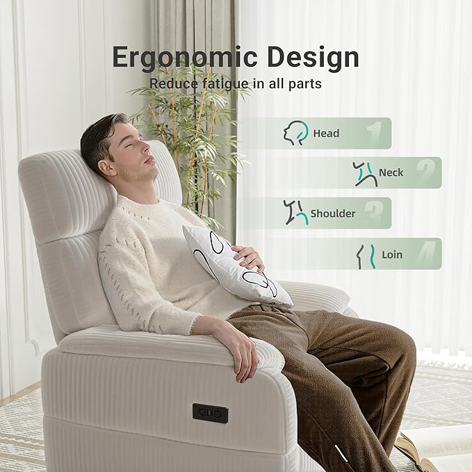 Claiks Power Swivel Rocker Recliner Chair, Oversized Recliner Chairs for Adults, Corduroy Overstuffed Reclining Chair with USB and Type-C Ports for Living Room, White