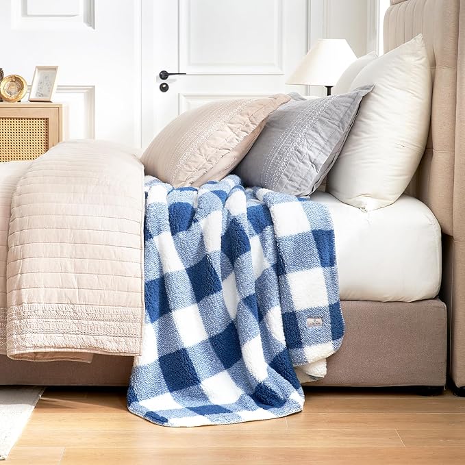 Cozy Bliss Ultra Soft Reversible Double Sherpa Sided Blanket, Buffalo Plaid Throw Blanket Fluffy Thick Warm Plush Fuzzy Blanket for Couch, Bed and Gifts (Navy Blue, 60" x 80")