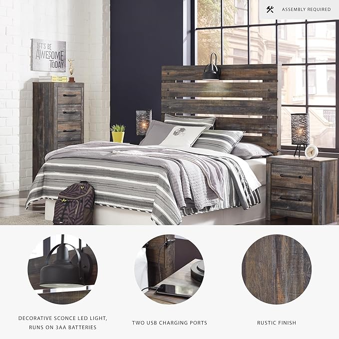 Signature Design by Ashley Drystan Rustic Full Panel Bed, Sconce LED Lights, USB Ports and Nailheads, Foundation or Box Spring Needed, Dark Brown & Gray