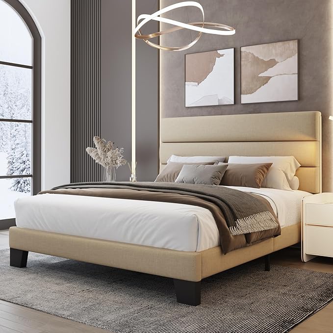 WEEWAY Queen Bed Frame Platform Bed with Linen Fabric Upholstered Headboard and Wooden Slats Support, Heavy Duty Mattress Foundation, No Box Spring Needed, Easy Assembly, Beige