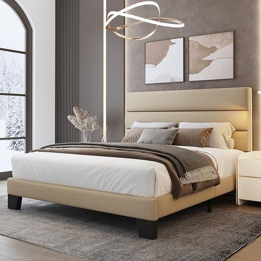 WEEWAY Full Size Bed Frame Platform Bed with Linen Fabric Upholstered Headboard and Wooden Slats Support, Heavy Duty Mattress Foundation, No Box Spring Needed, Easy Assembly, Beige