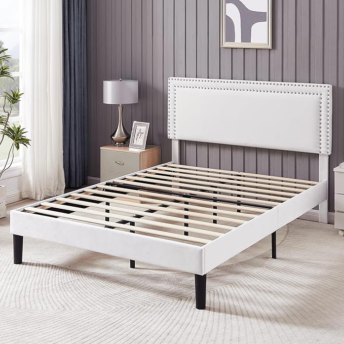 VECELO Queen Size Bed Frame with Adjustable Upholstered Headboard, Wooden Slats Platform, Noise-Free Design, Easy Assembly