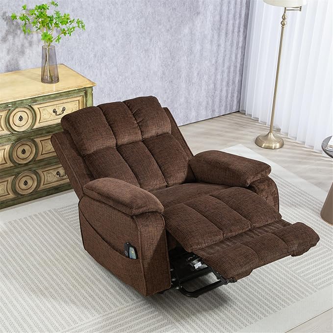 Oversized Lifting Recliners for Seniors, Extended Footrest, Big and Tall Recliners 400 lbs Lay Flat Recliner with Heat & Massage Side Storage Cup Holder for Elderly Relaxing