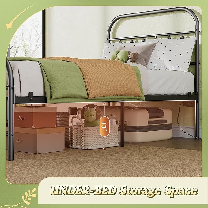 WLIVE Twin Bed Frames with Storage, Twin Bed Frame with LED Lights and Charging Station, Metal Platform Bed Frame with Headboard, Black