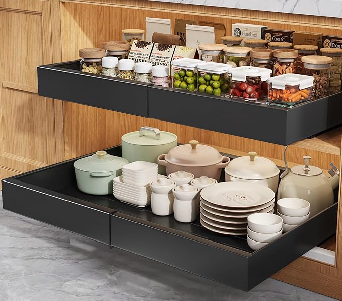 2 Pack Pull Out Cabinet Organizers 21" Deep With Raising Pad for Framed Cabinets, Expandable Width (15.2"-26.3") Slide Out Drawers Upgrade 3 Slide Rails, Roll Out Shelves Adhesive, Black