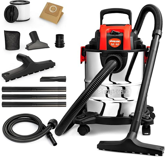 Shop-Vac 5 Gallon 4.0 HP Wet/Dry Vacuum with Blower Function, Stainless Steel Tank, Portable Shop Vacuum with Wheels, Includes Filters, Hose & Accessories, Ideal for Garage and Workshop