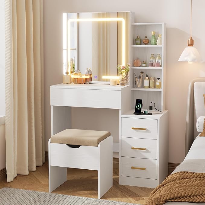 Senfot White Vanity Desk with Sliding Mirror and Lights, Modern Makeup Vanity Table with 4 Drawers and 7 Storage Shelves, Dressing Table with Stool and Charging Station, 3 Lighting Modes, for Bedroom