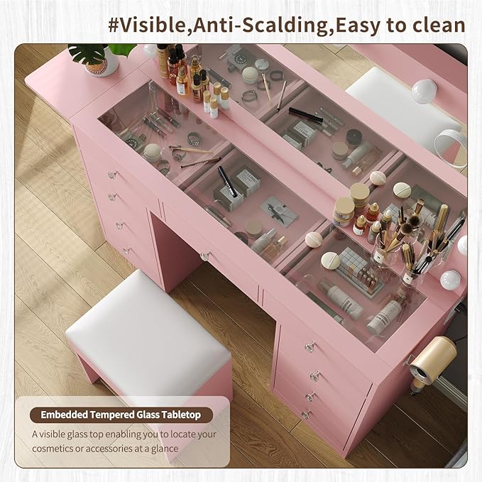 Vanity Desk with Power Outlet, Makeup Vanity with Lighted Mirror, 3 Lighting Modes Adjustable, 9 Drawers Vanity Table with Chair with Fold-up Panel, Glass Top, Dressing Table for Bedroom, Pink