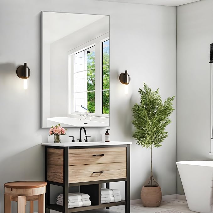KOCUUY 30x48 Inch Large Silver Wall Mounted Mirror,Brushed Nickel Framed Rectangular Mirror for Wall Over Sink,Modern Design for Bedroom Living Room Bathroom,Functional Oversized Mirror