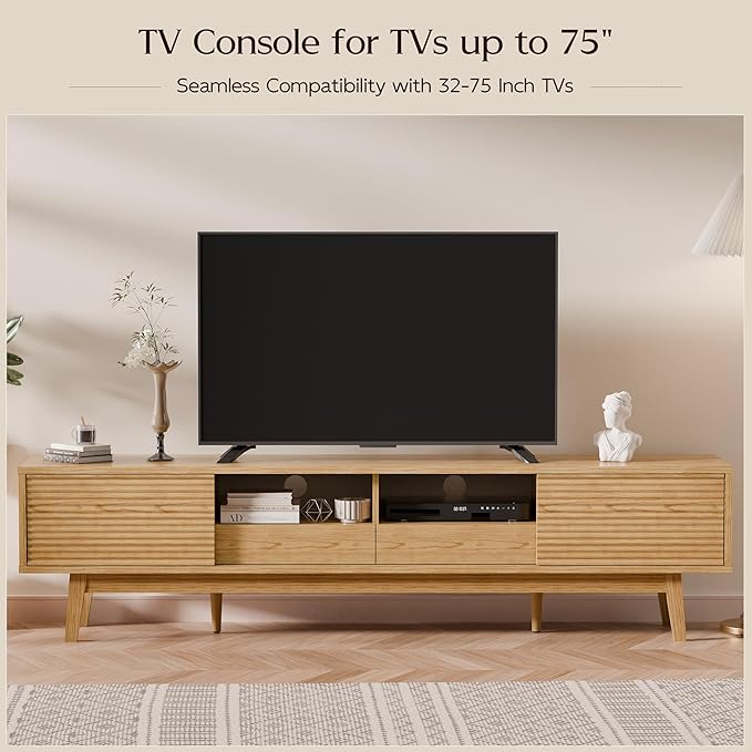 70" TV Console, Mid Century Modern Media Console for 55/65/75 Inch TV, Low Profile TV Stand with Fluted Sliding Doors, Boho Light Wood Credenza for Living Room, Oak