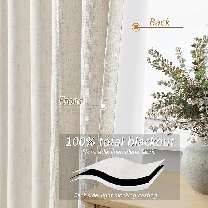 Cream Linen Blackout Curtains 104 Inch Length 2 Panels Set for Living Room Bedroom Back Tab Thermal Insulated 100% Black Out Linen Drapes Room Darkening Window Curtains 104 Inches Long Ivory Natural