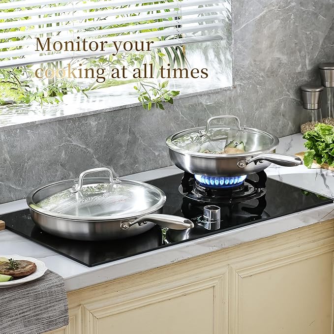 DELARLO Tri-ply Stainless Steel Kitchen Cookware Frying Pan Set with Lid 8" 10" 12" Induction large Skillets Chef's Pan,Pots and Pans Set Kitchen Cookware Set Suitable for All Stove