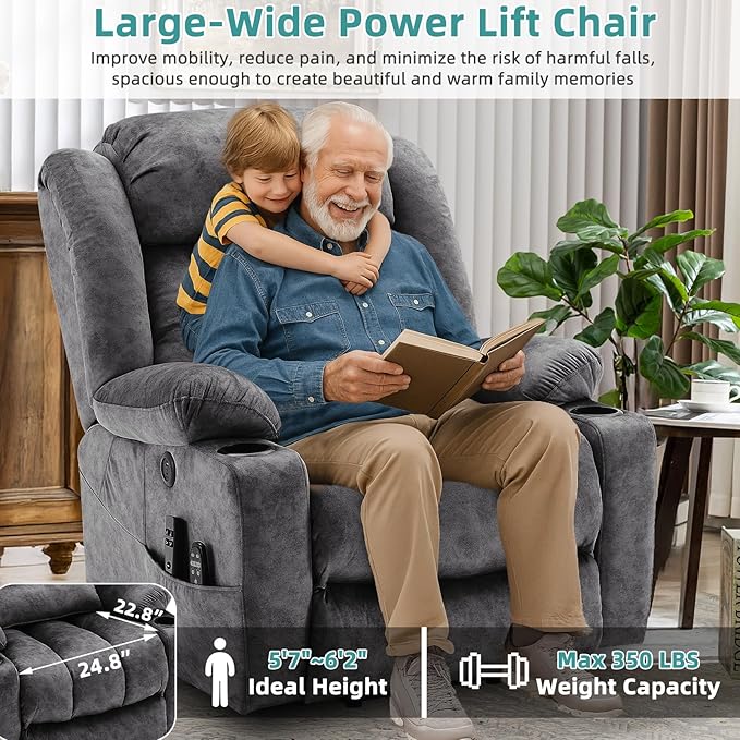 MEETWARM Oversized Dual Motor Lay Flat Power Lift Recliner Chair for Elderly with Heat Massage, Large Sleeping Electric Recliner with Extended Footrest, Lumbar Pillow, USB & Type-C Ports, Plush-Gray