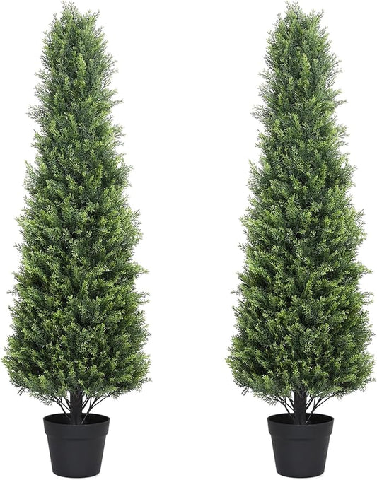 Artificial Cedar Topiary Trees Set of 2, 48'' UV Resistant Faux Cypress Pine Plants Outdoor, 4ft Large Realistic Faux Evergreen Cone Bushes & Shrubs for Front Porch Planter Christmas Decor