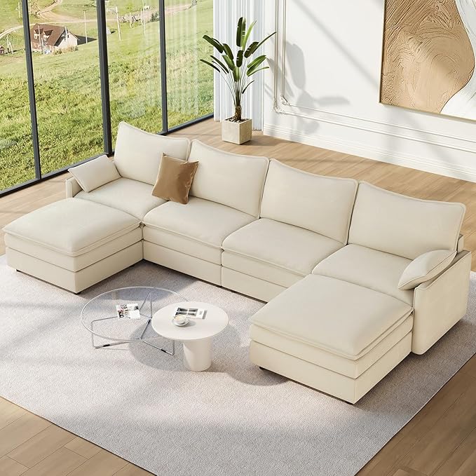 Vesgantti 142" U Shaped Sectional Couch, Comfy Cloud Modular Sectional Sofa with 2 Ottoman Deep Seat Chenille Modern Cloud Sofa, Modular Sofas for Living Room, Bedroom and Apartment, Beige