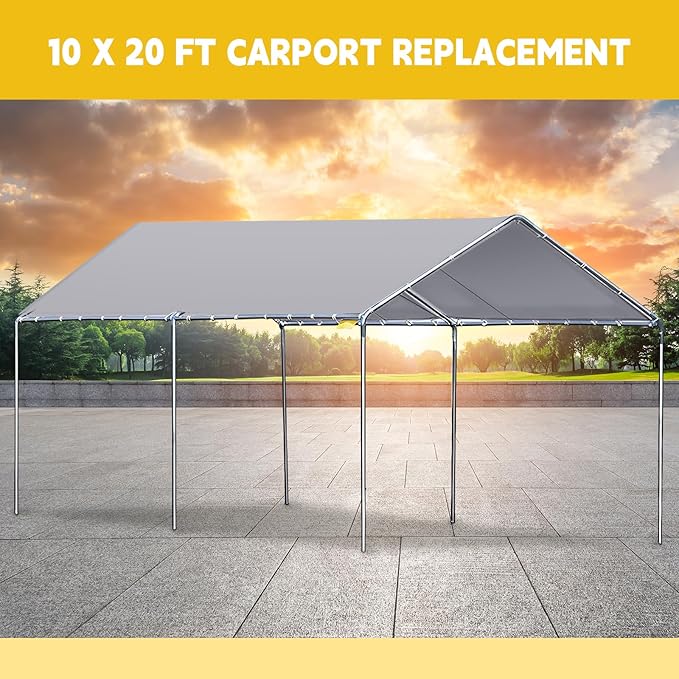 10 x 20 ft Heavy Duty Canopy Replacement Cover Waterproof Carport Garage Car Shelter Tarp Tent for Car Canopy with 50 Ball Bungees, Only Top Cover, Frame is Not Included