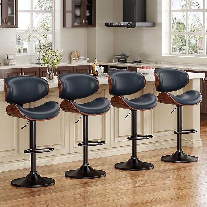 Bar Stools Set of 4, Bentwood Adjustable Height Swivel Bar Stools, PU Leather Upholstered Bar Chair with Back and Footrest for Bar, Kitchen, Blue