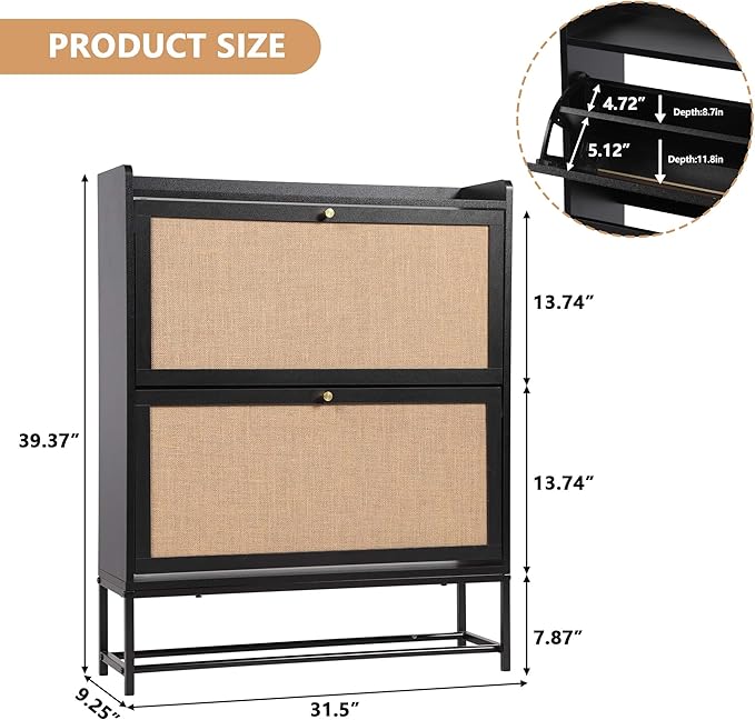 LEVNARY Shoe Cabinet for Entryway, Black Slim Shoe Cabinet with 2 Flip Drawers Narrow Shoe Storage Cabinet, 2 Tier Freestanding Shoe Organizer for Entryway, Hallway, Living Room (2, Black)