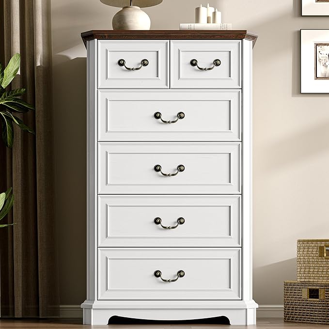 Farmhouse 6 Drawer Dresser for Bedroom, Tall Rustic Chest of Drawers with Metal Handle, Wood Vintage Storage Tower Cabinet, Wooden Closet Storage Dressers Organizer for Living Room, Hallway, White