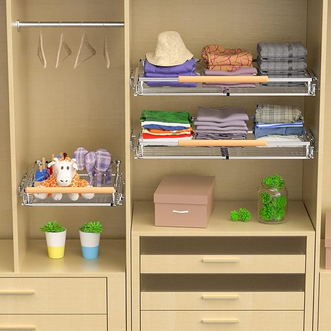 Expandable Pull Out Cabinet Organizer,Adjustable Width W:12.2”-18.5” x D:22.5”,Stainless Steel Gliding Cupboard Shelf,Heavy Duty Slide Out Wire Storage Drawer for Pantry,Closet,Under Sink