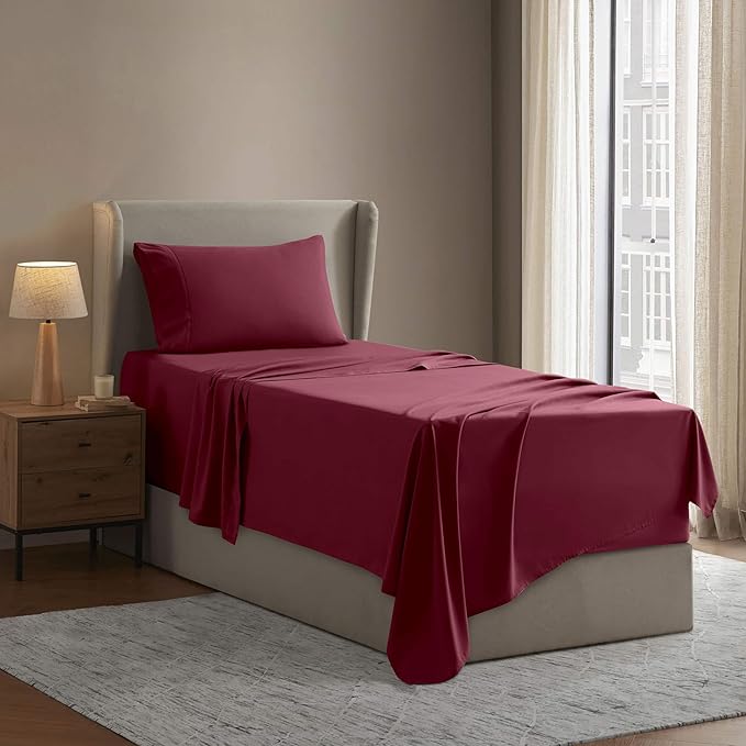 Nestl Twin XL Sheet Set - College Dorm Size - Luxury 1800 Ultra-Soft Microfiber Twin Extra Long Bed Sheets - Deep Pockets - Easy Fit - Extra Soft - 3 Piece Set (Twin XL, Burgundy Red)