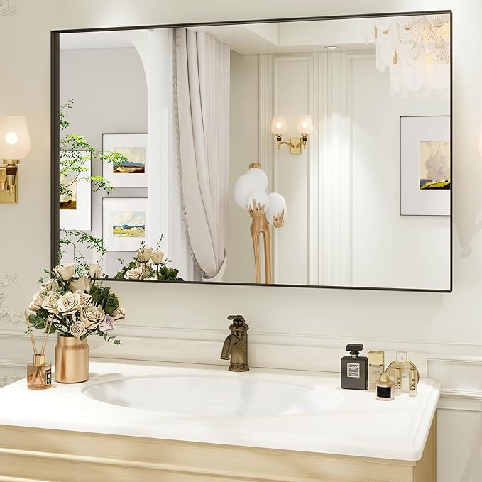48x30 Inch Black Bthroom Mirror, Black Metal Frame Vanity Mirror for Wall,Square Corner, Rectangle,Tempered Glass,Anti-Rust (Horizontal/Vertical),Bedroom, Living Room, Entryway