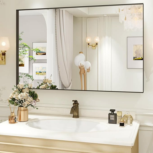 48x30 Inch Black Bthroom Mirror, Black Metal Frame Vanity Mirror for Wall,Square Corner, Rectangle,Tempered Glass,Anti-Rust (Horizontal/Vertical),Bedroom, Living Room, Entryway