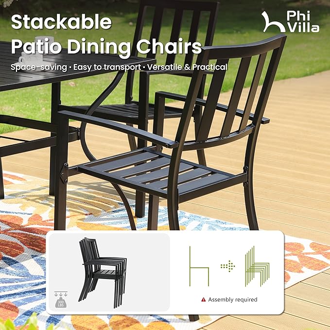 PHI VILLA 9 Pieces Outdoor Dining Set for 8, Large Rectangular Metal Table with Umbrella Hole & Stackable Wrought Iron Chairs, Dining Furniture for Patio, Deck, Yard, Porch
