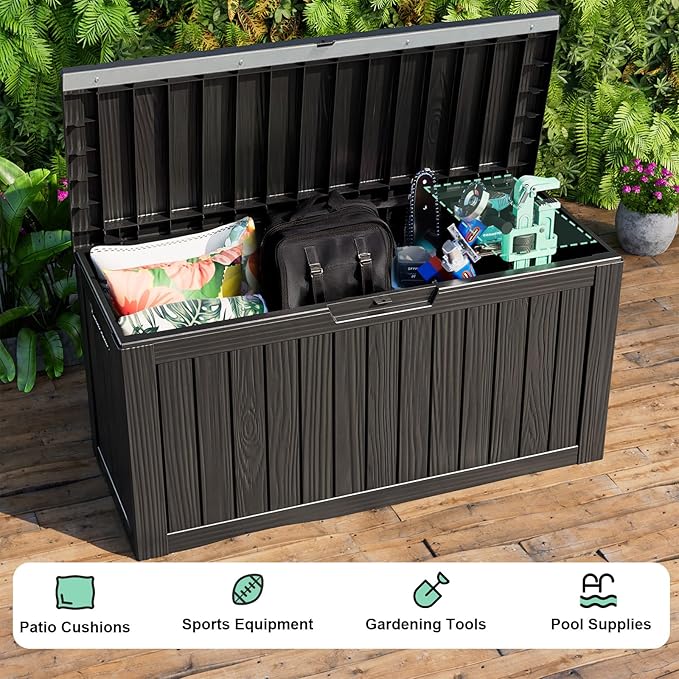 80 Gallon Resin Deck Box Storage Outdoor Waterproof Boxes Lockable UV Resistant Container for Patio Furniture Cushions Pool Supplies Garden Tool Sports Equipment Outside Storage Delivery