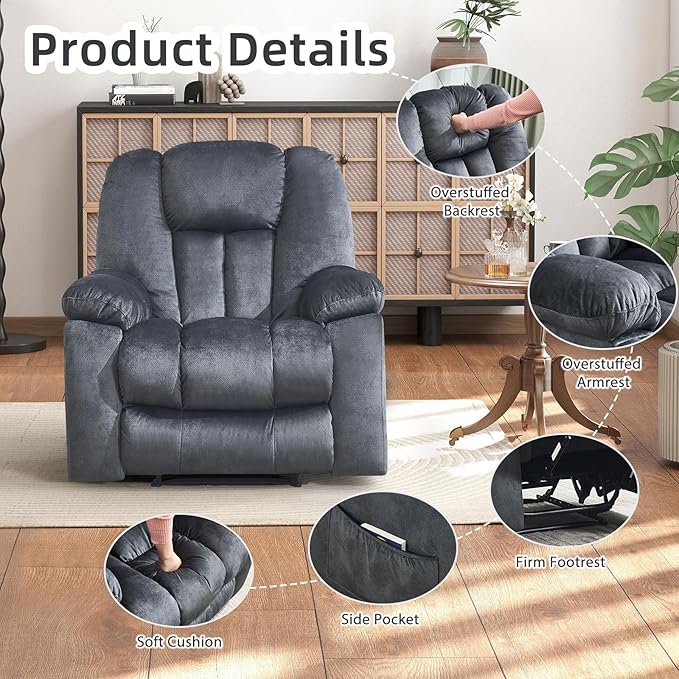 Phoenix Home Manual Recliner Chair for Adults with Massage and Heat, Overstuffed Fabric Reclining Chair, Oversized Recliners with 2 Cup Holders and Side Pockets for Living Room, Bedroom, Dark Grey