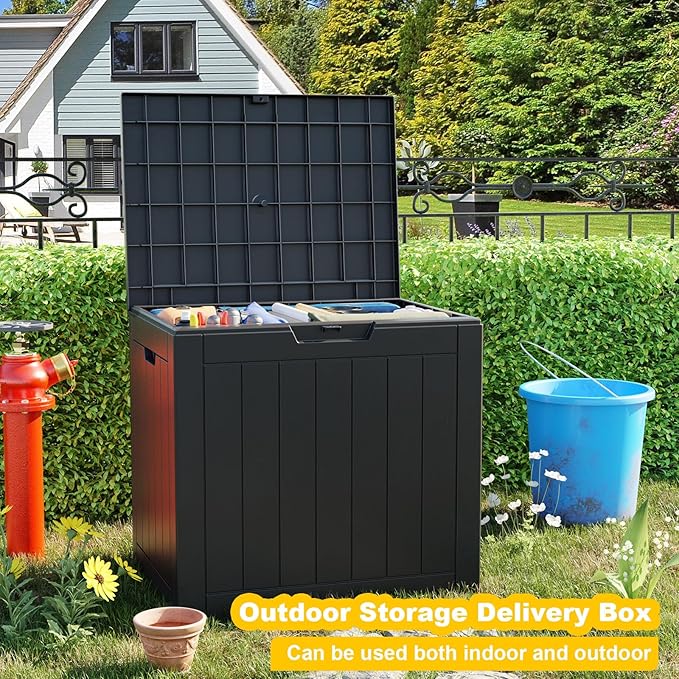 Vixzen 30 Gallon Resin Deck Box, Lockable Outdoor Storage Box for Patio Cushions Storage Furniture,Garden Tools, Pool Supplies, Weatherproof and UV Resistant- Black
