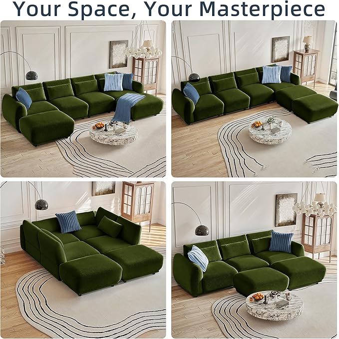 Sectional Sofa Couch, Modern Convertible U Shaped Sectional Couch with Ottoman, Modular Sectional Sofa Cloud Couches for Living Room (Green, 3 Set + 1 Ottoman)